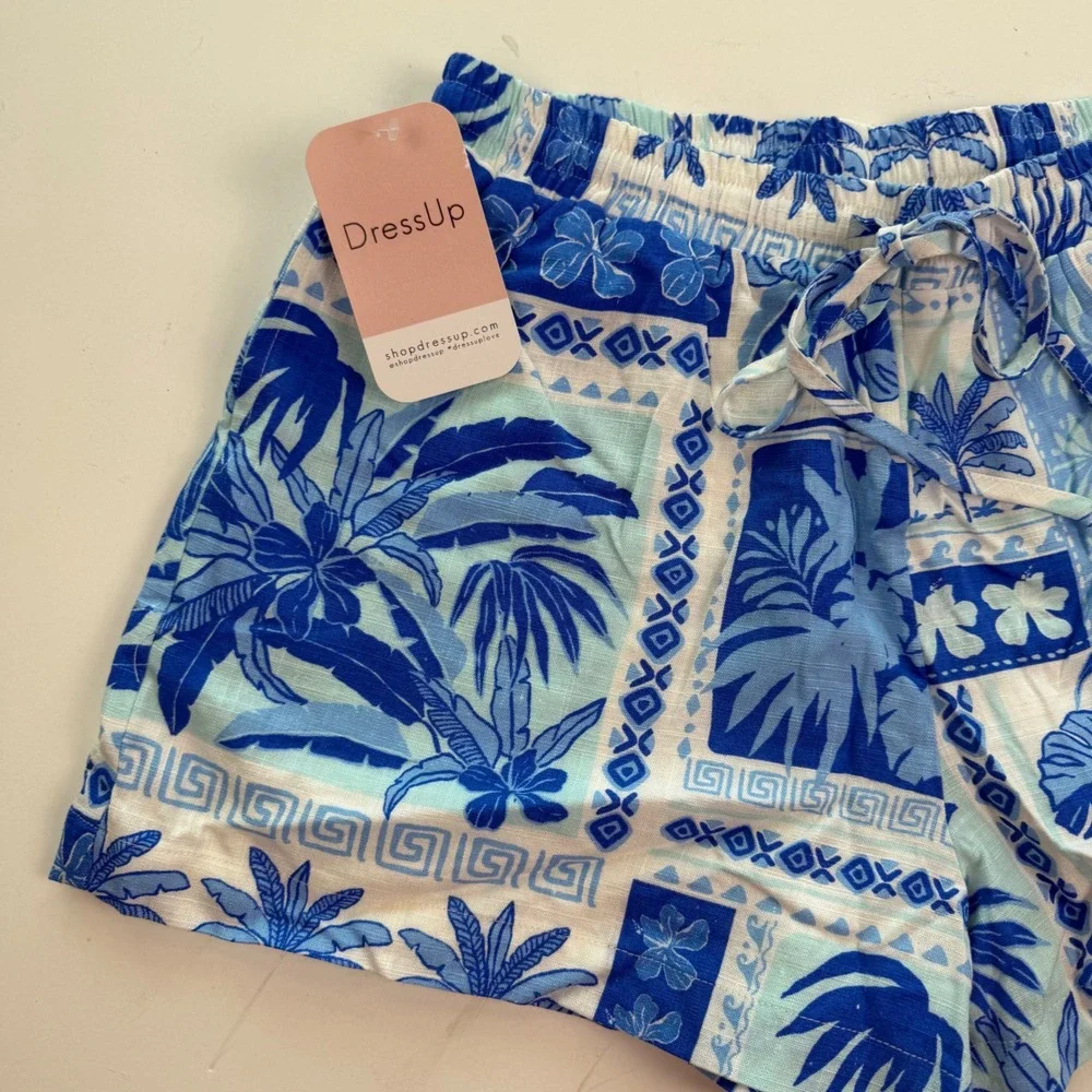 Hudson Gray Blue Summer Beach Tropical Palm Drawstring Shorts Womens Medium